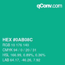 カラーコード: HEX #0AB08C | qconv.com