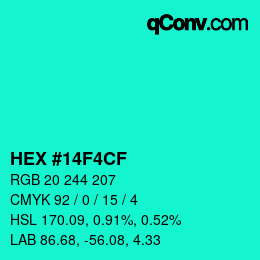 Color code: HEX #14F4CF | qconv.com