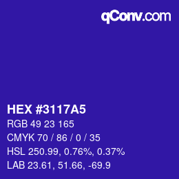 Farbcode: HEX #3117A5 | qconv.com