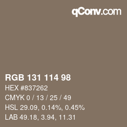 Color code: RGB 131 114 98 | qconv.com