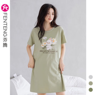 芬腾 纯棉睡衣女春夏季新款短袖中裙时尚甜美大码宽松家居服睡裙夏 X98424806 M :90-110