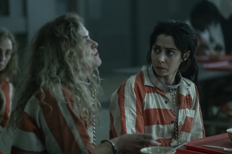 Marié Botha as Magpie and Cristin Milioti as Sofia Falcone in The Penguin “Cent’Anni”