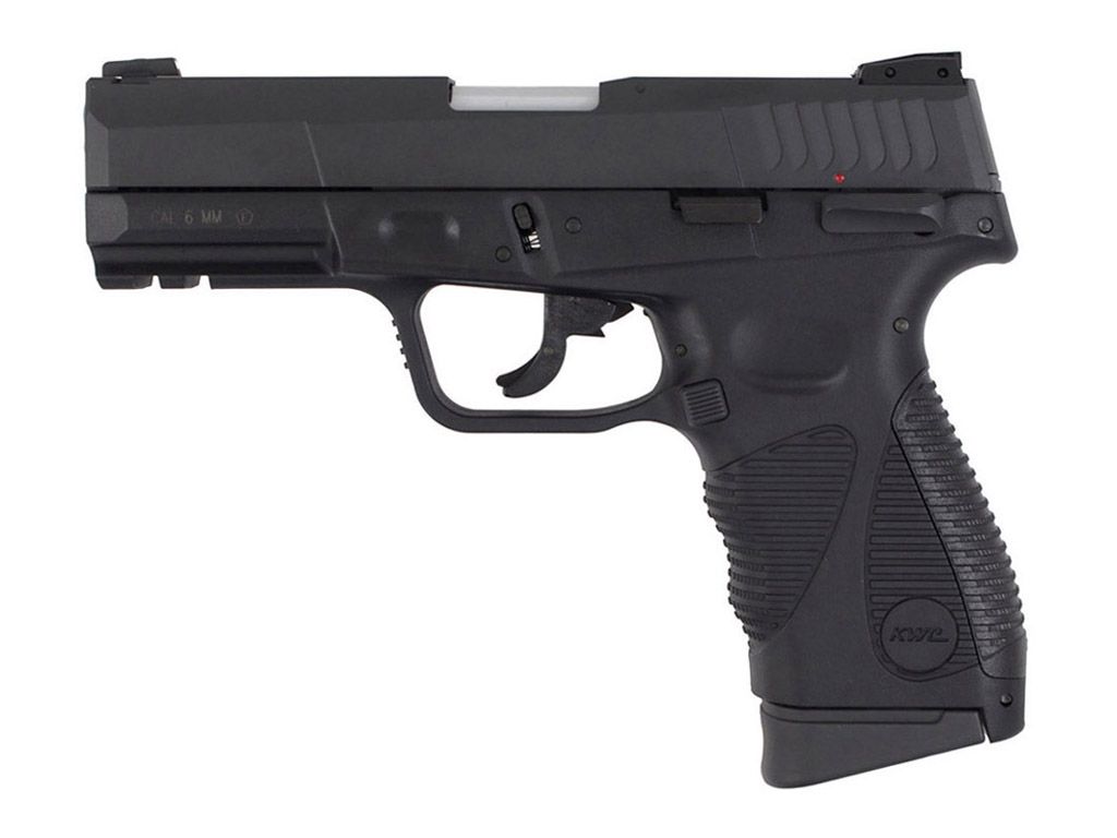 Experience the precision of the KWC PT 24/7 G2 CO2 Blowback Airsoft Pistol, a faithful replica of the Taurus PT 24/7 G2. With a lightweight polymer frame and a metal slide