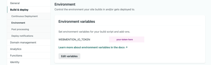 Screenshot of Netlify site settings showing the WEBMENTION_IO_TOKEN variable