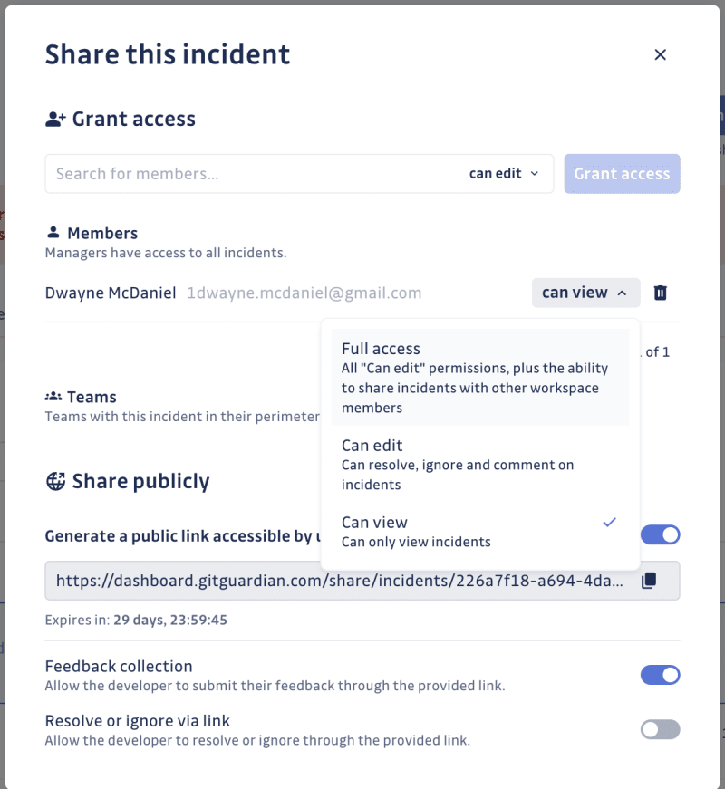 The share menu inside an incident detail view. 