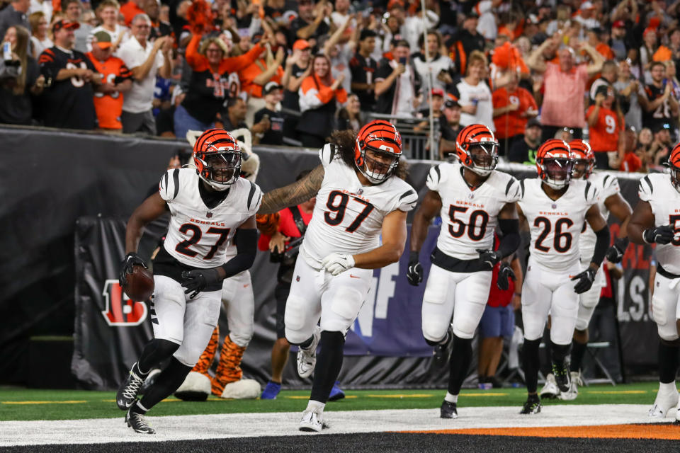 Cincinnati Bengals safety Jordan Battle (27) intercepts the ball for a touchdown during the game against the Indianapolis Colts and the Cincinnati Bengals on August 22, 2024, at Paycor Stadium in Cincinnati, OH.