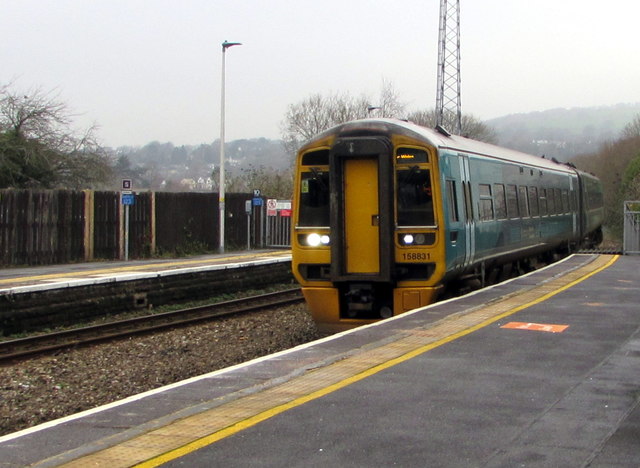 Manchester Piccadilly train arriving at Neath station