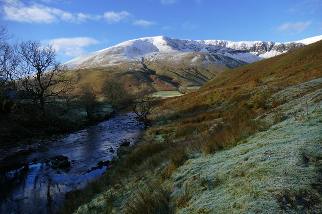 Snowy hills reflected in the River Rawthey at Cautley