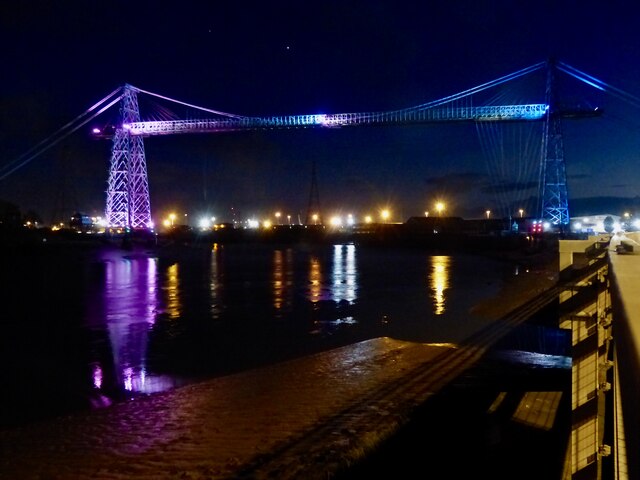 Newport Transporter Bridge with coloured floodlighting