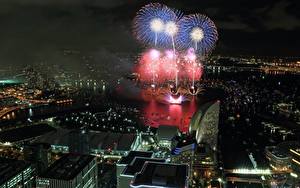 Hintergrundbilder Feuerwerk Haus Japan Nacht Von oben Yokohama Städte