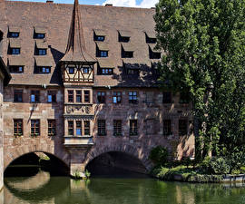 デスクトップの壁紙、、ドイツ、住宅、川、ニュルンベルク、River Pegnitz、都市