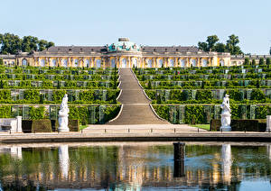 Bakgrundsbilder på skrivbordet Tyskland Skulptur Potsdam Palats Formgivning En trappa Buskar palace Sanssouci