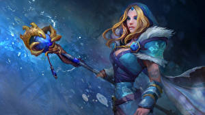 Fondos de escritorio DOTA 2 Crystal Maiden Bastón Capucha Juegos Fantasía Chicas