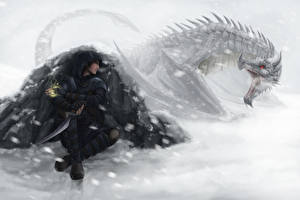 Photo Dragon Age Dragons Warrior Snow