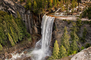 Tapety na pulpit Stany zjednoczone Park Wodospady Pejzaż Yosemite Skała Drzewa przyroda