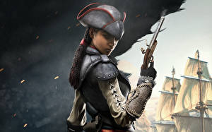 Sfondi desktop Assassin's Creed 4 Black Flag Assassin's Creed Pirata Guerrieri Pistole Cappello Treccia gioco Ragazze