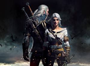 Bureaubladachtergronden The Witcher 3: Wild Hunt Mannen Geralt of Rivia Krijger Ciri Twee 2 Zwaard Jonge_vrouwen Fantasy