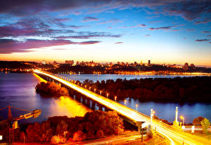 Pictures Ukraine Rivers Bridge Sky Kiev Night Street lights Cities