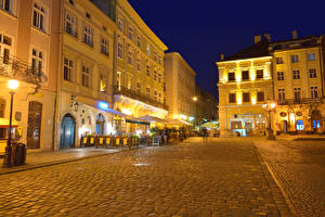 Wallpaper Ukraine Houses Lviv Street Street lights Night time Cities