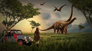 Sfondi desktop Dinosauri Jeep Erba Fantasy Ragazze