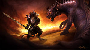 Sfondi desktop Battaglie Draghi Guild Wars Guild Wars 2 Guerrieri Spada Un'armatura Charr Fantasy