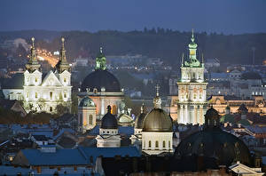 Pictures Ukraine Houses Temples Lviv Night time Domes Cities