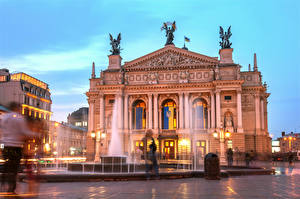 Picture Ukraine Houses Fountains Lviv Night Cities