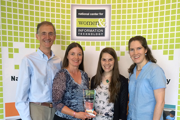 Ed Lazowska, Crystal Eney, Allison Obourn and Ruth Anderson collect UW CSE's NEXT Award for promoting women in computing