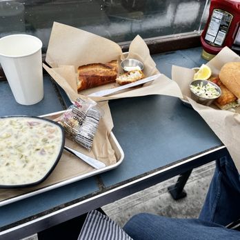 Clam Chowder, sourdough, swordfish sandwich.