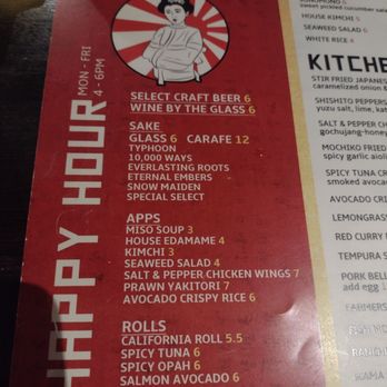 Happy hour menu!!  Get the rolls and kimchi!