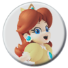 a white button with an image of Princess Daisy on it