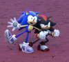 A screenshot from the show Sonic Prime with Shadow and Sonic next to each other. Sonic is flailing while Shadow’s in a battle stance.