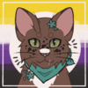 Picrew of a brown cat with some accessories and the enby flag in the background