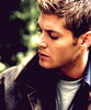 Dean Winchester stands against a background of blurry trees, head turned to one side. He wears his dad's brown leather jacket.