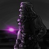 an image of the character Ed/Blackbeard from Our Flag Means Drath, pictured here from the waist up, drawn digitally. the image is grayscale, apart from the sun on the horizon, which is purple, and throws purple accents on his clothing and long hair