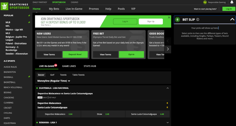 DraftKings Sportsbook Homepage for Desktop