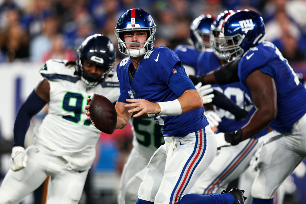 Daniel Jones #8 of the New York Giants drops back to pass during the first quarter of a game against the Seattle Seahawks at MetLife Stadium on October 2, 2023 in East Rutherford, New Jersey.