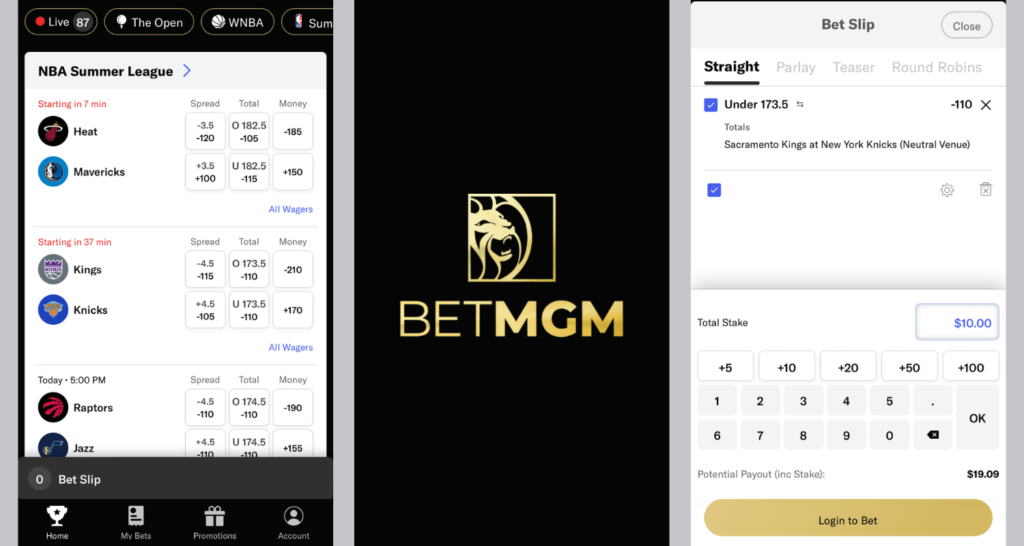 three screenshot panel of the betmgm sportsbook app, featuring the app's home page, loading page, and betslip