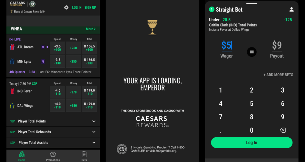 three screenshot panel of the caesars sportsbook app, featuring the app's home page, loading page, and betslip