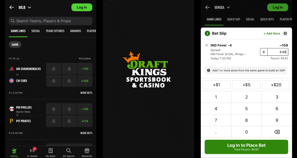 three screenshot panel of the draftkings sportsbook app, featuring the app's home page, loading page, and betslip