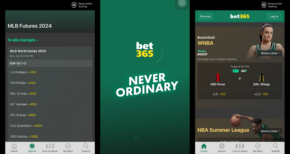 three screenshot panel of the bet365 sportsbook app, featuring the app's sports page, loading page, and home page