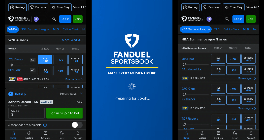 three screenshot panel of the fanduel sportsbook app, featuring the app's home page, loading page, and NBA summer league page