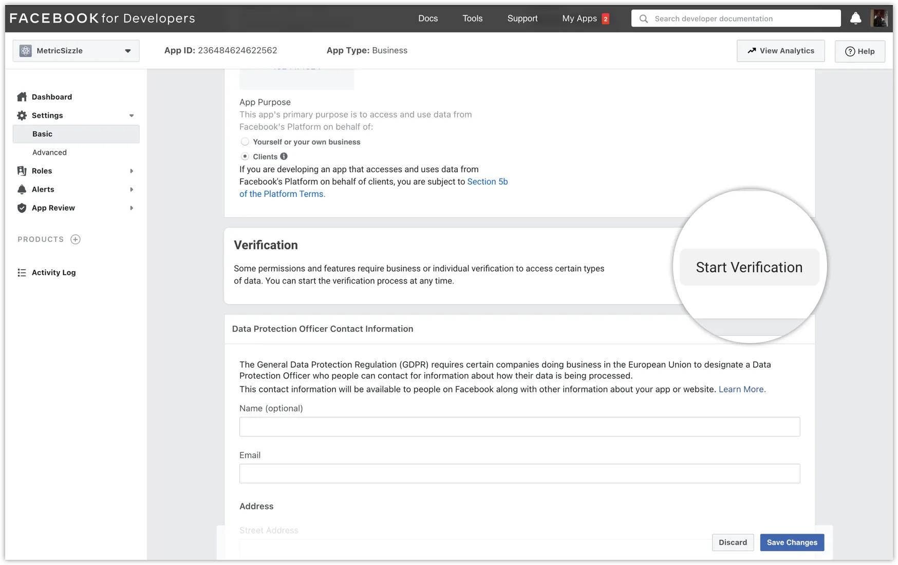 Verification section in the Basic Settings panel.