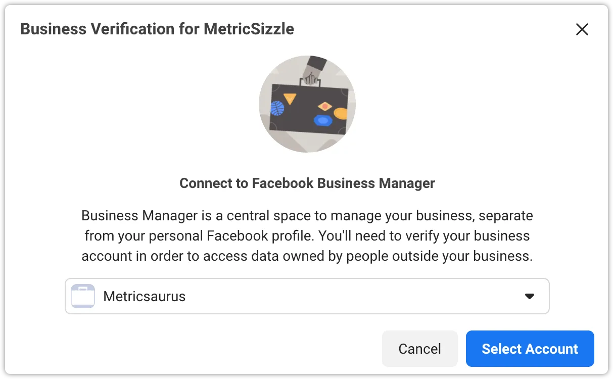 Business selection modal with a verified Business selected.