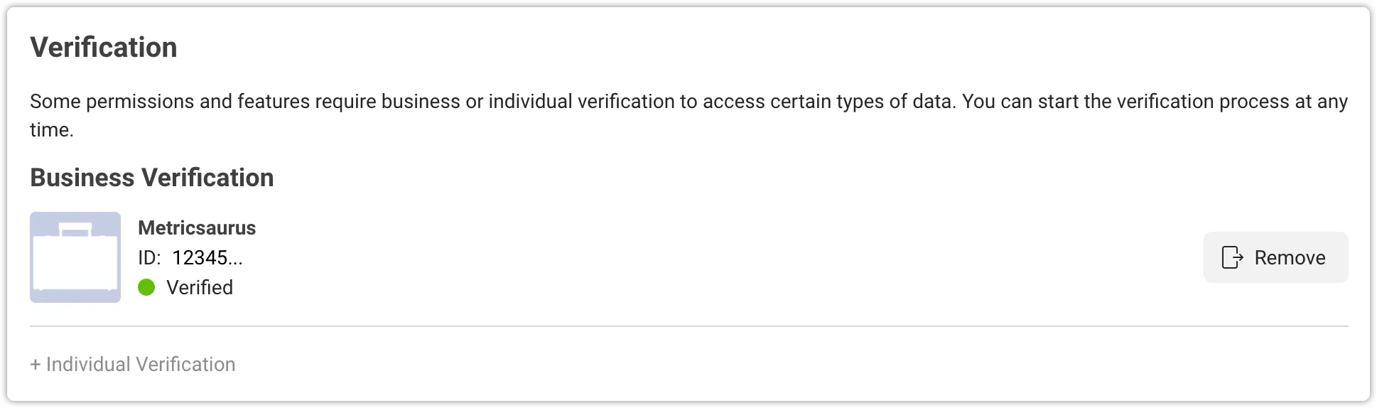 Verification section showing 'Verified' alongside the name of the Business that has been connected to the app.