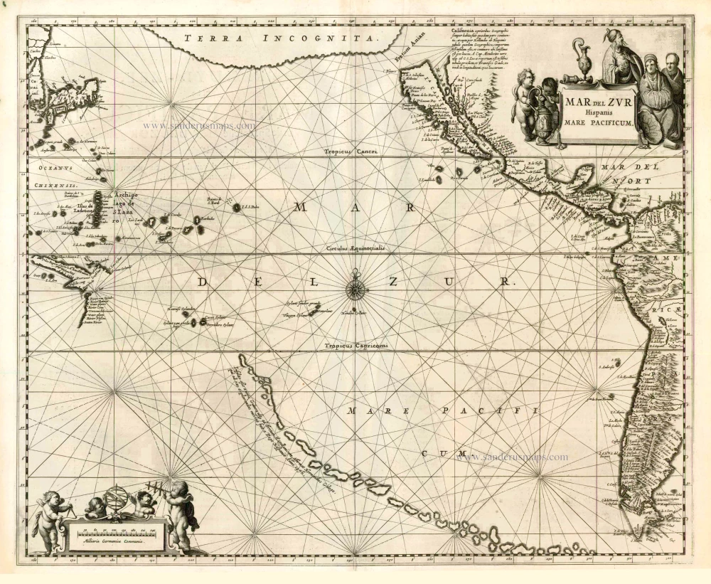 Old, antique map - sea chart of the Pacific Ocean by J. Janssonius ...