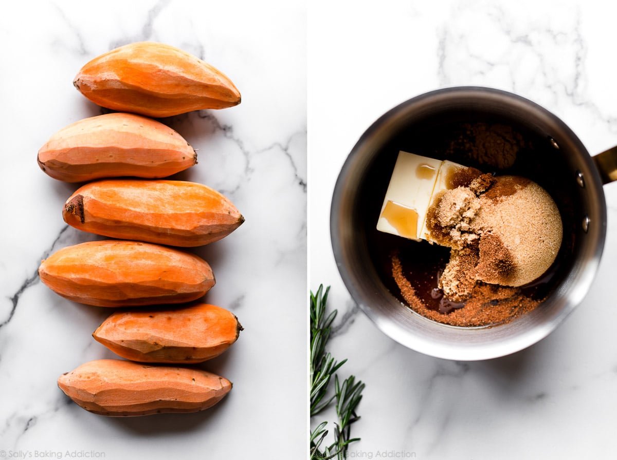 2 images of peeled sweet potatoes and ingredients for candied sweet potatoes in a saucepan