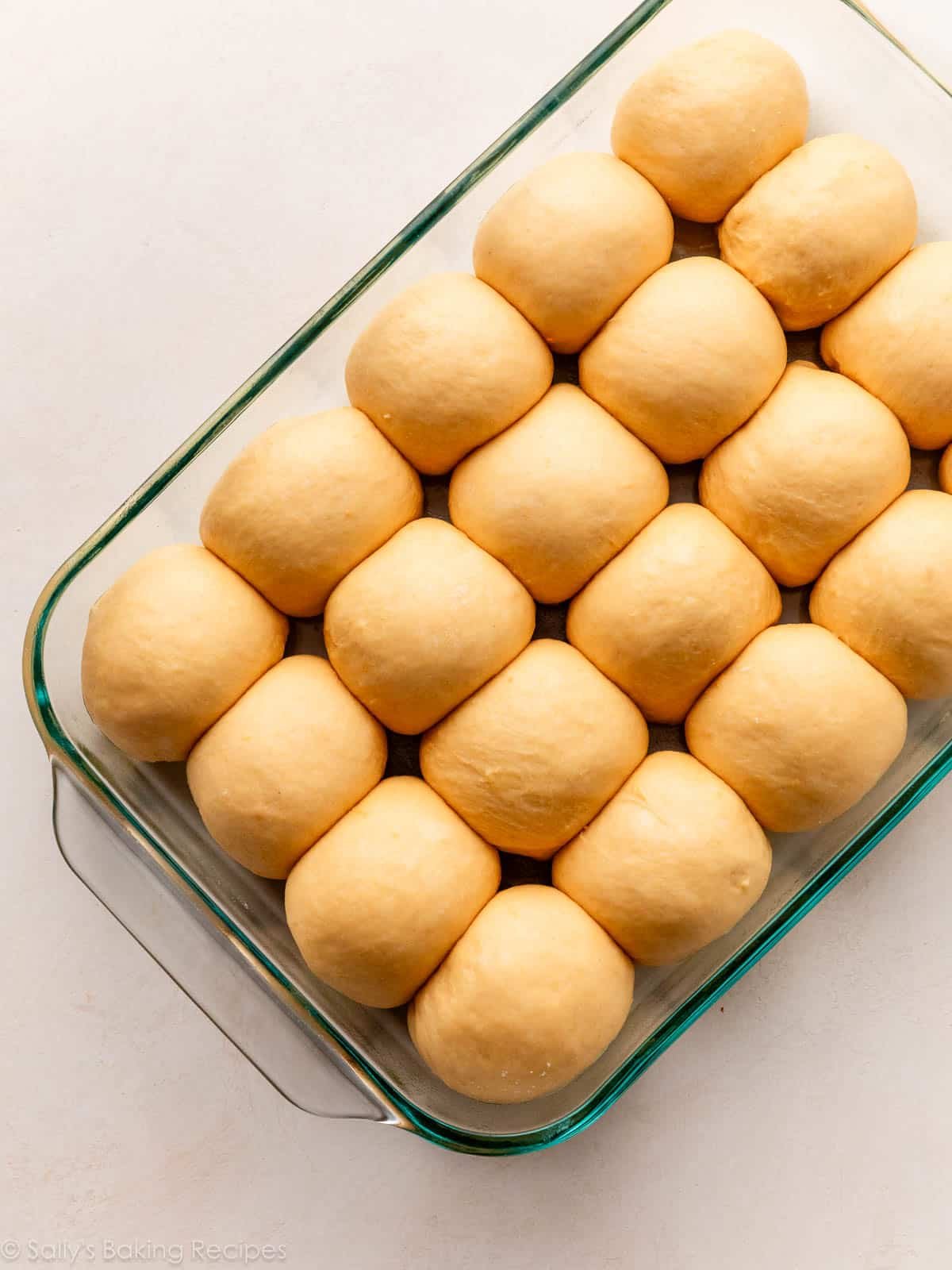 orange-colored rolls risen in glass baking dish.