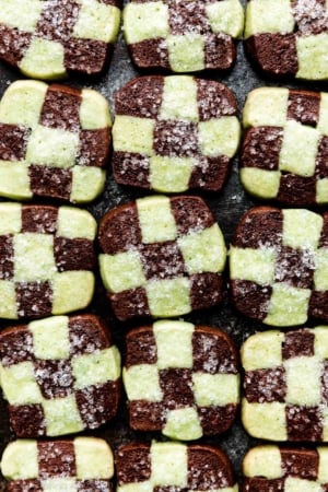 overhead photo of 15 mint chocolate checkerboard cookies