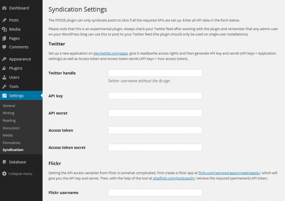 Screenshot of a settings page for the syndication plugin.